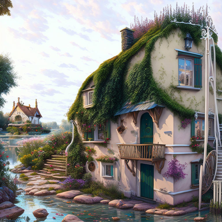 Ivy-covered cottage by peaceful river with flowers