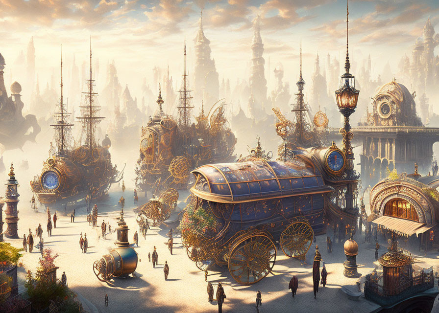 Detailed Steampunk Cityscape with Airships and Golden Sky