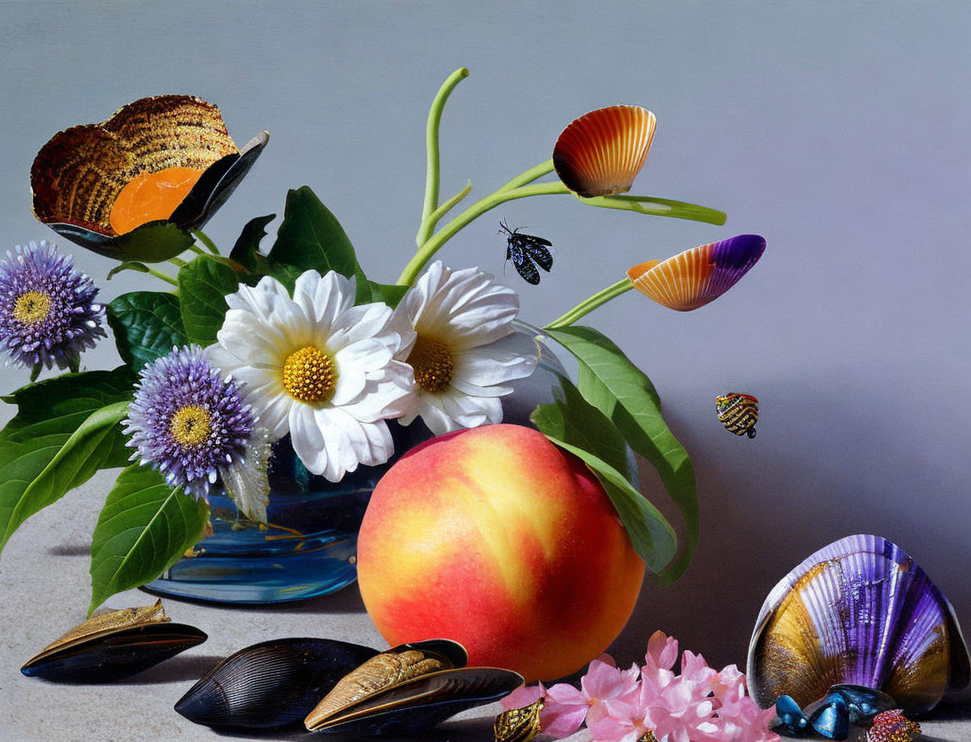 Colorful Still Life with Flowers, Peach, Shells, and Insects