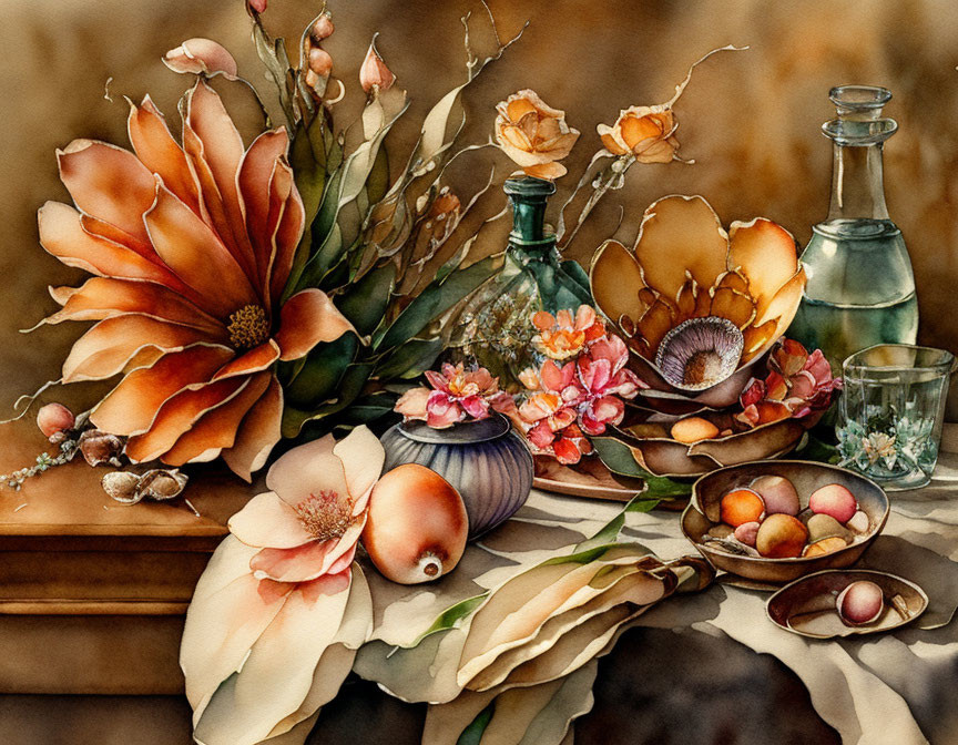 still life with flowers and shells