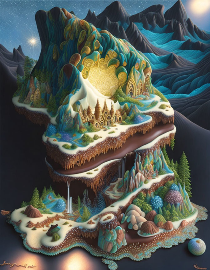 Vibrant surreal landscape with layered hills and whimsical trees