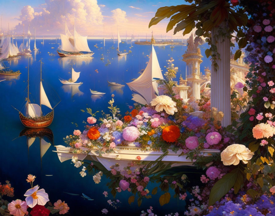 Fantastical scene: sailing ships, tranquil waters, lush flowers, classical architecture.