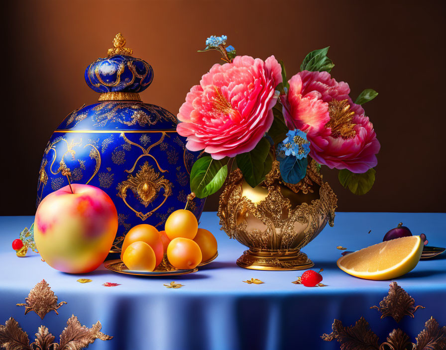 Colorful still life painting with peonies, fruits, and foliage on a table.