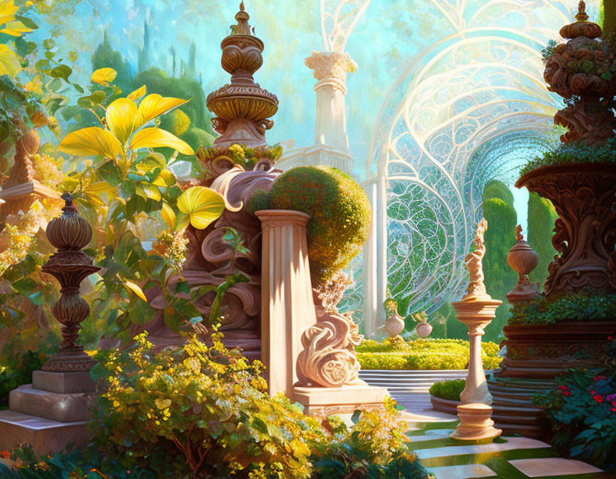 Enchanting Garden Scene with Ornate Pillars and Lush Greenery