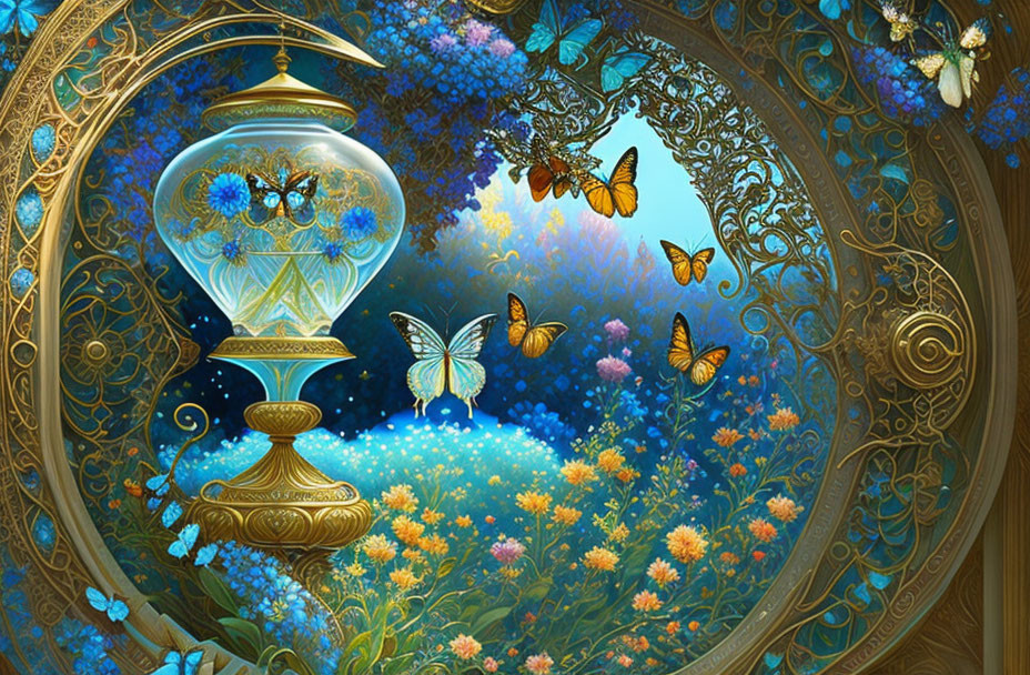 Golden vase in vibrant garden with butterflies in ornate circular frame