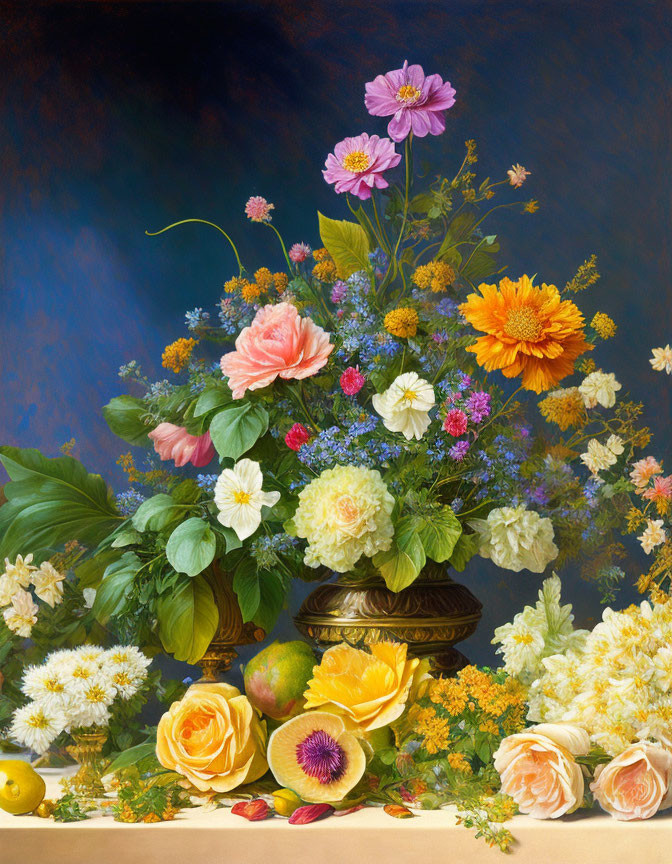 Colorful still life painting with flowers, fruits, and classic urn on table
