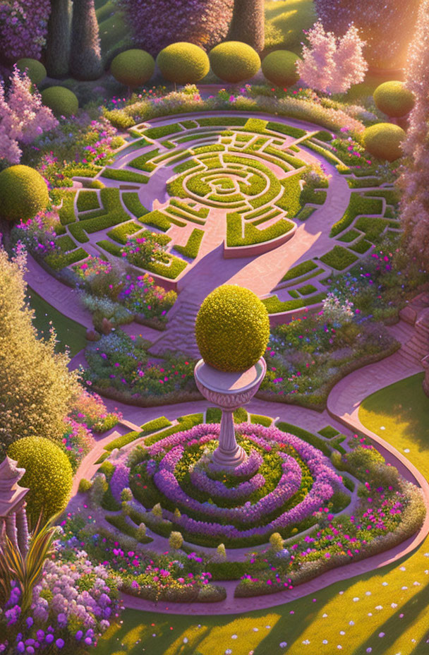 Symmetrical Garden Labyrinth with Blooming Flowers and Fountain