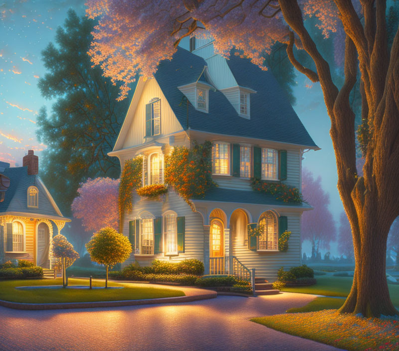 Digital illustration of a twilight scene with a two-story house and flowering trees