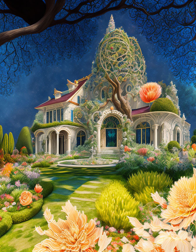 Enchanting mansion with oversized flowers and magical tree