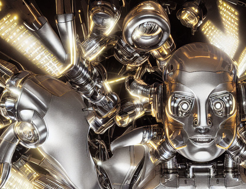 Realistic humanoid robot with detailed metallic face and illuminated components