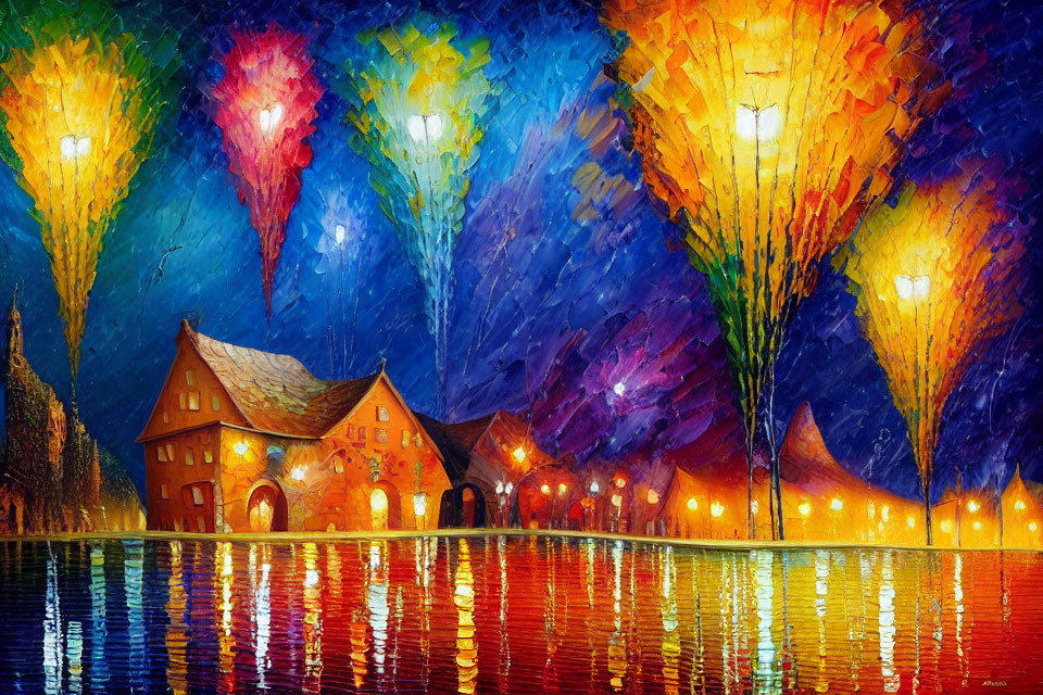 Vibrant impressionistic night cityscape painting with illuminated buildings and light bursts over water.