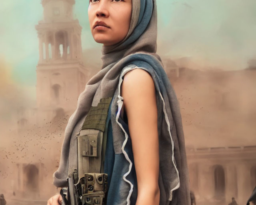 Determined woman in headscarf and tactical gear in war-torn setting