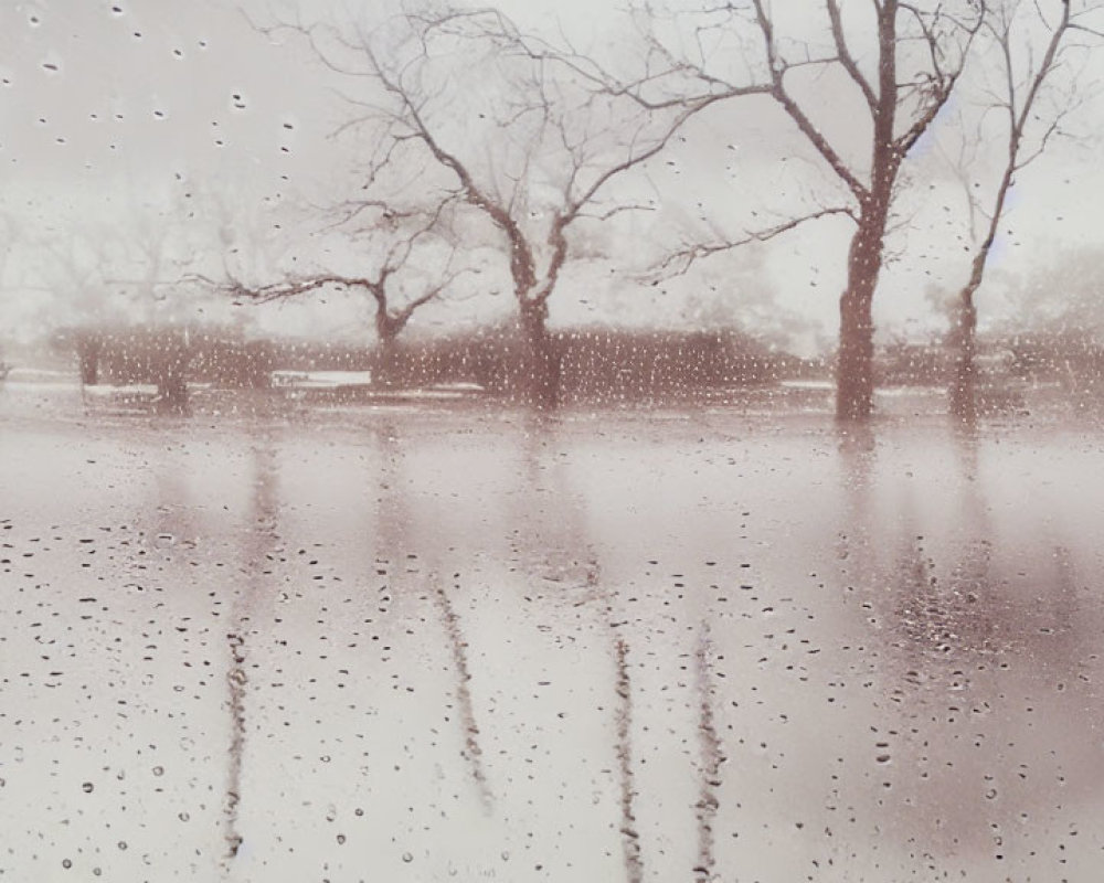 Blurred bare trees and wet ground in winter rainstorm