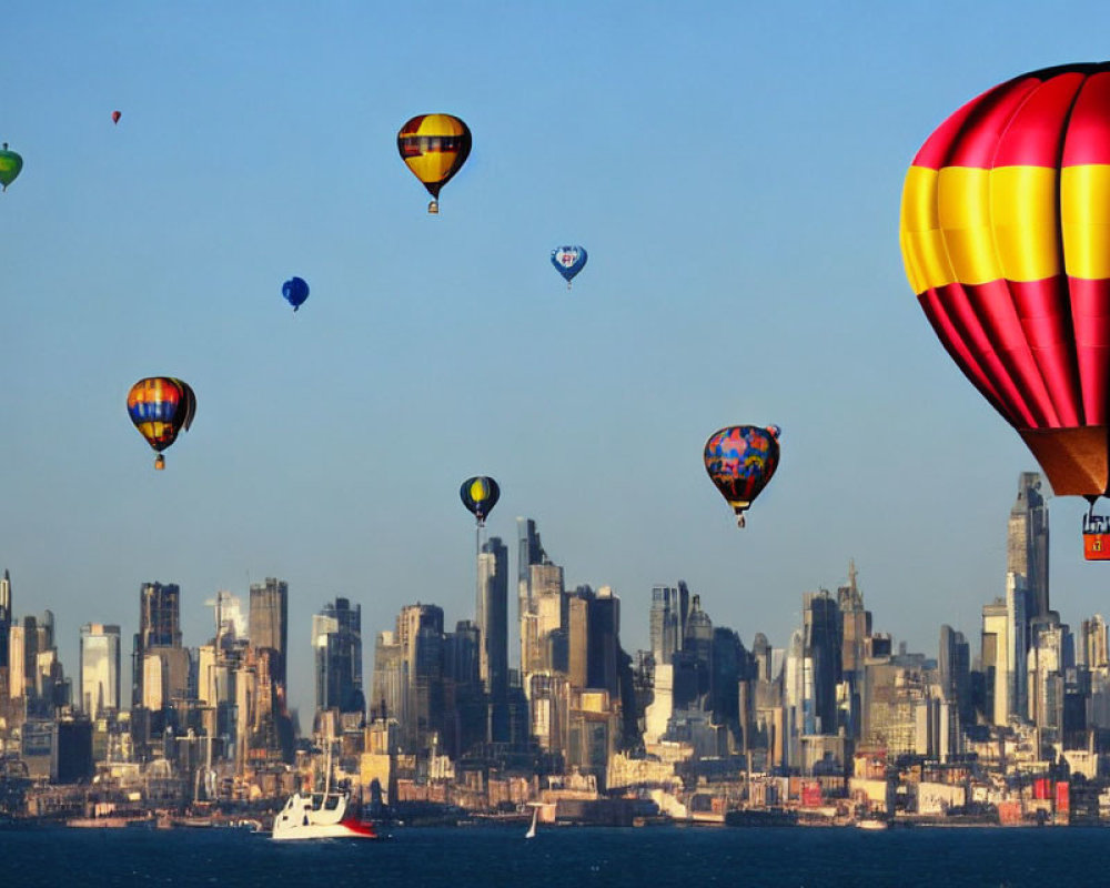 Vibrant hot air balloons over city skyline and blue skies