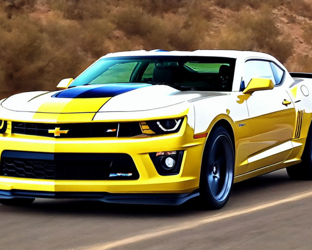 Yellow Chevrolet Camaro with Black Racing Stripes on Dirt Road