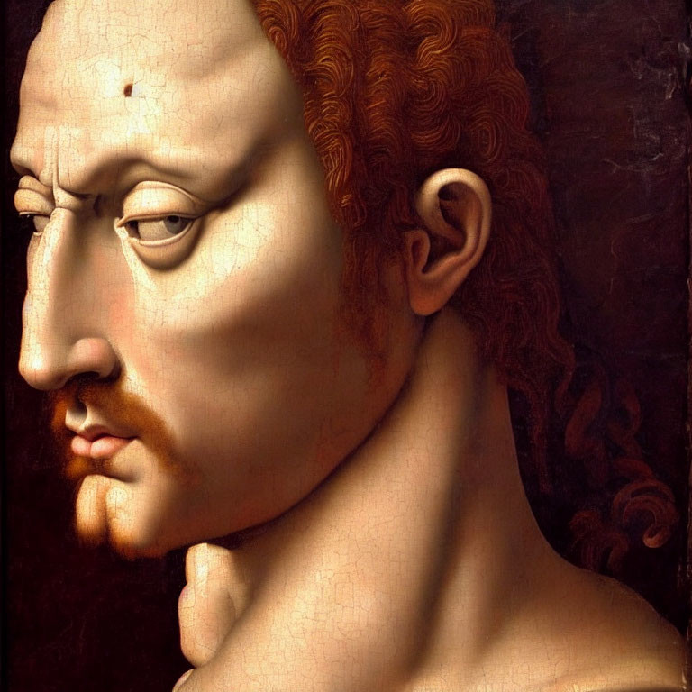 Detailed Renaissance painting of a fair-skinned man with red curly hair and prominent nose