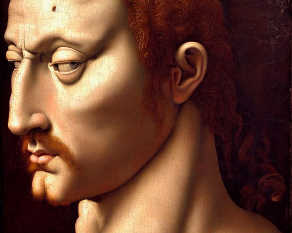 Detailed Renaissance painting of a fair-skinned man with red curly hair and prominent nose