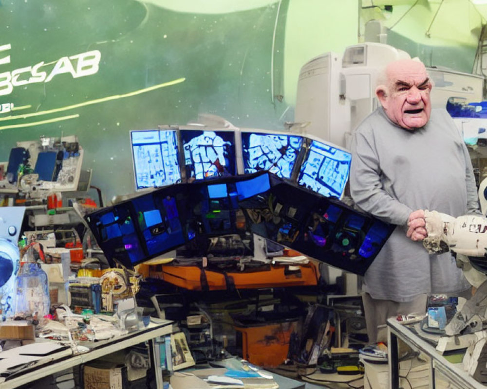 Elderly Man in Space-Themed Workshop with Robots and Spacecraft Models
