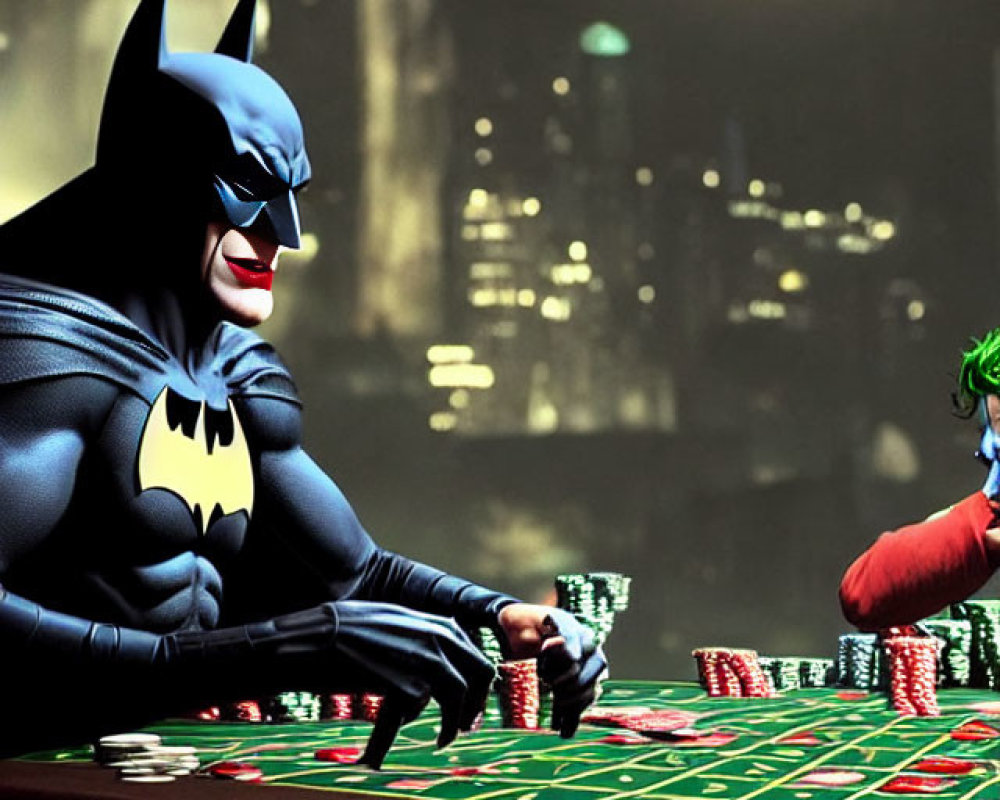 Superhero and villain at casino table with chips under hanging lamp
