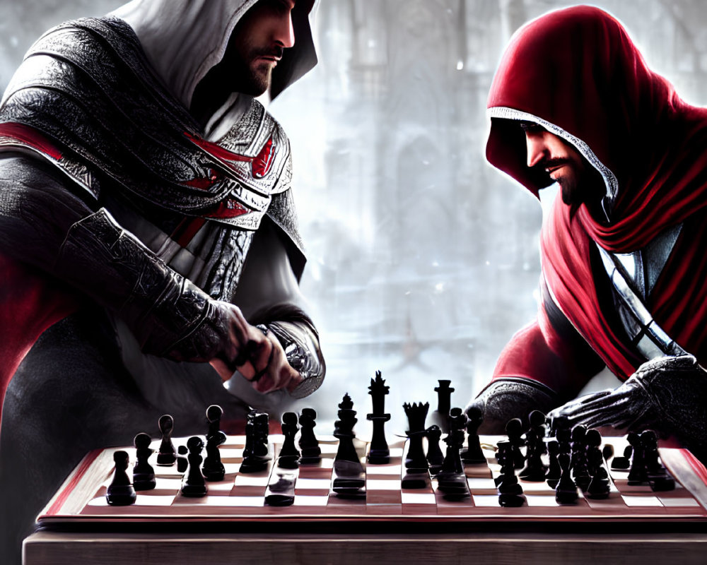 Hooded figures play chess in gothic setting