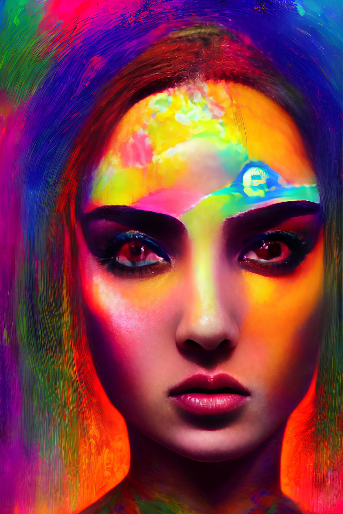 Colorful portrait of a woman with vibrant face paint and intense gaze