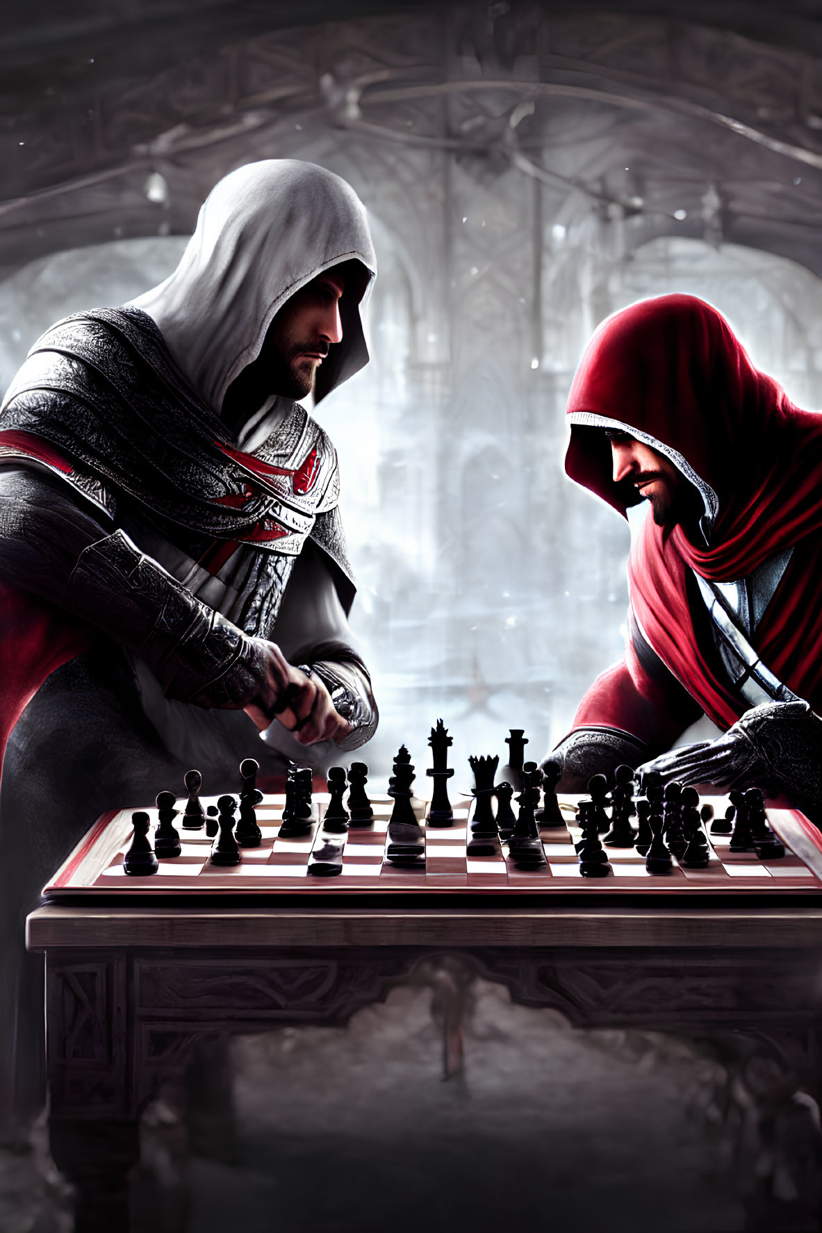 Hooded figures play chess in gothic setting
