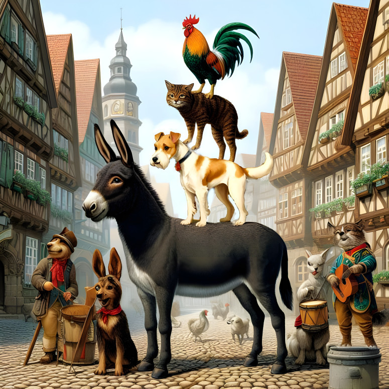 donkey, dog, cat, rooster 