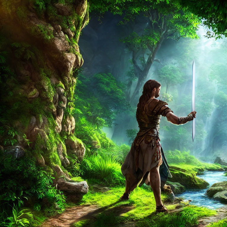 Medieval warrior with sword in lush green forest