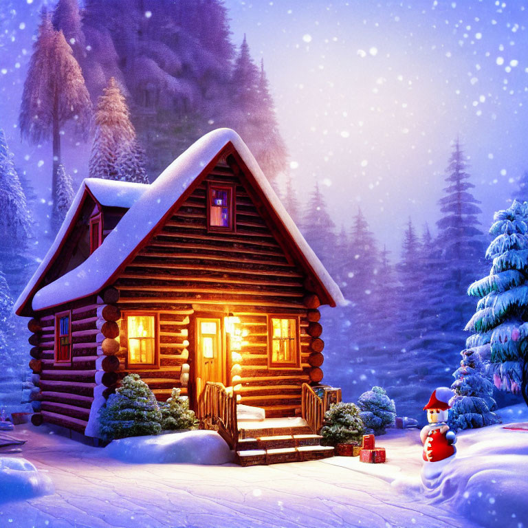 Snow-covered log cabin with glowing windows in twilight setting, snowman and gift by steps