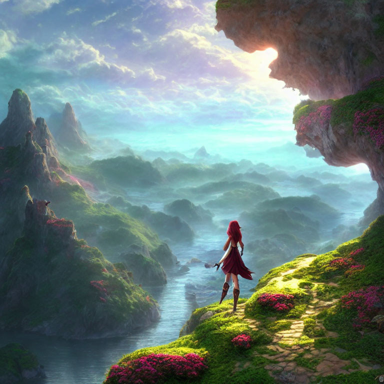 Red-haired girl on cliff path gazes at mystical valley under colorful sky