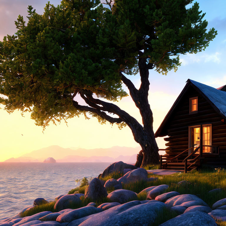 Tranquil sunset by the sea with twisted tree, wooden cabin on rocky shore