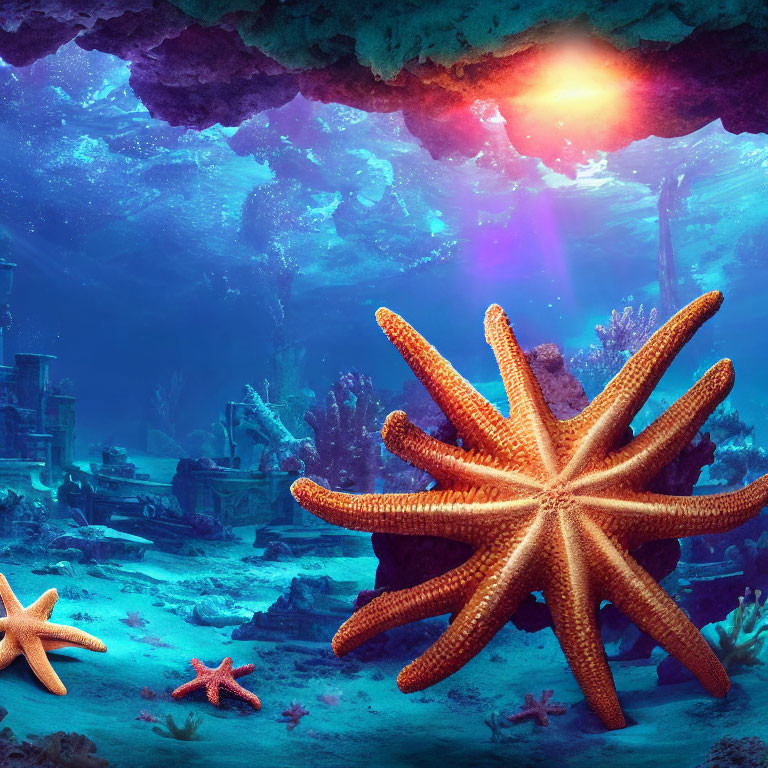 Colorful Underwater Scene with Starfish, Sunbeams, and Marine Ruins