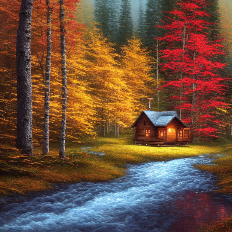 Autumn cabin with glowing windows by serene stream