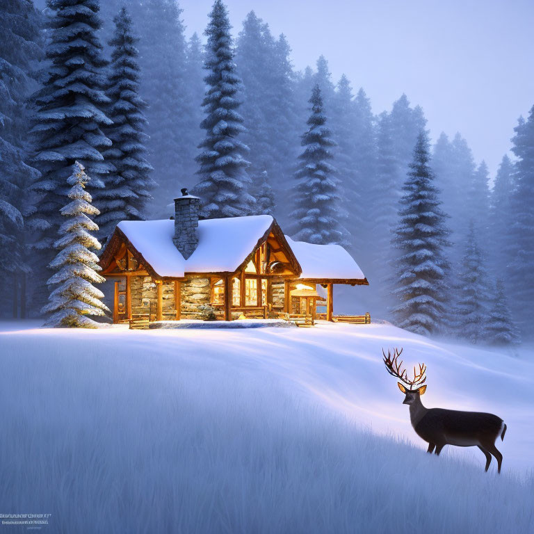 Snow-covered cabin with deer in serene winter landscape