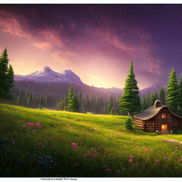 Tranquil Sunset Landscape with Wooden Cabin, Pine Trees, Mountain, and Wildflowers
