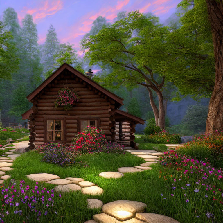Rustic wooden cabin in lush greenery with colorful flowers