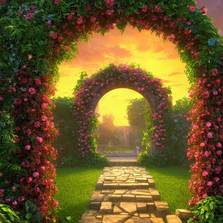 Pink rose garden archway with sunset view and lush greenery