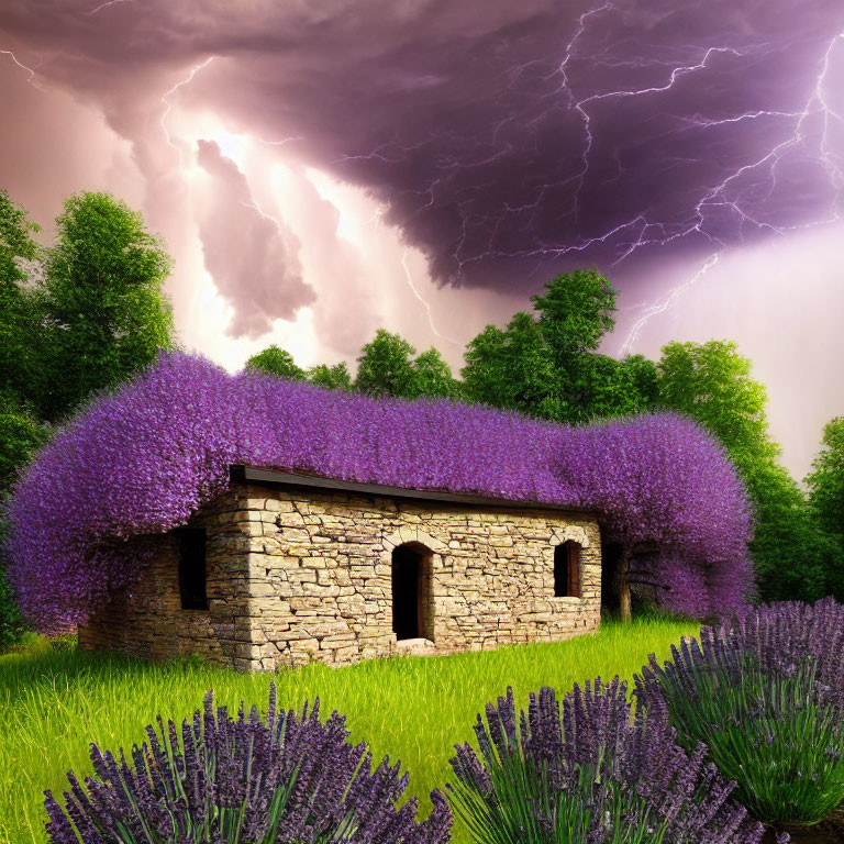 Stone cottage surrounded by purple wisteria under stormy sky