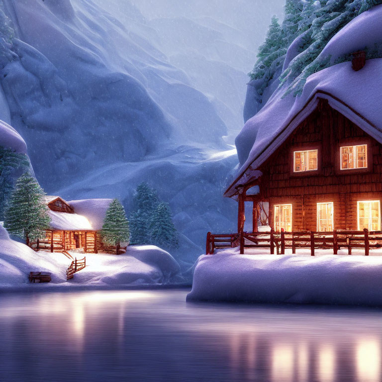 Snow-covered hills, frozen lake, cozy cabin: Winter scene.