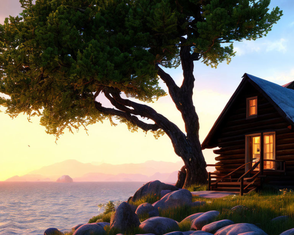 Tranquil sunset by the sea with twisted tree, wooden cabin on rocky shore