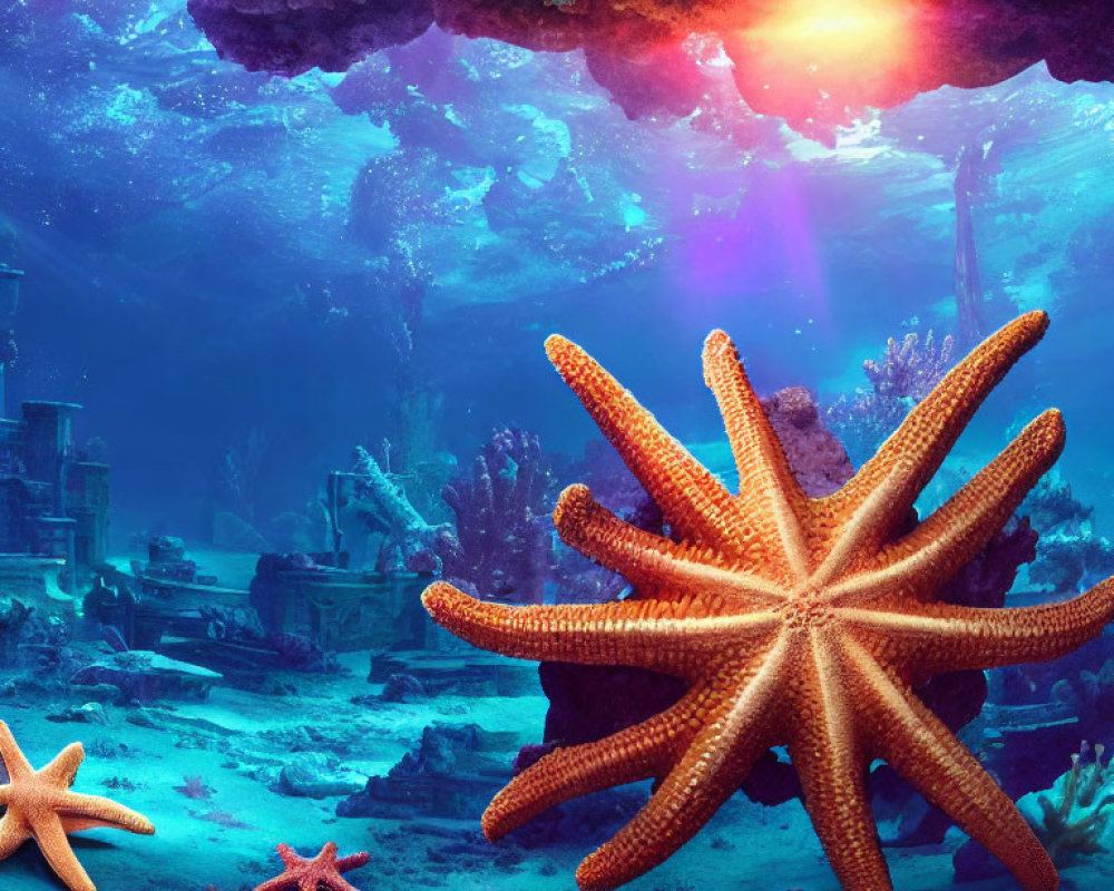 Colorful Underwater Scene with Starfish, Sunbeams, and Marine Ruins