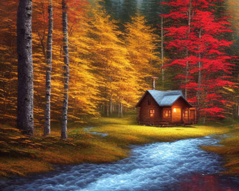 Autumn cabin with glowing windows by serene stream