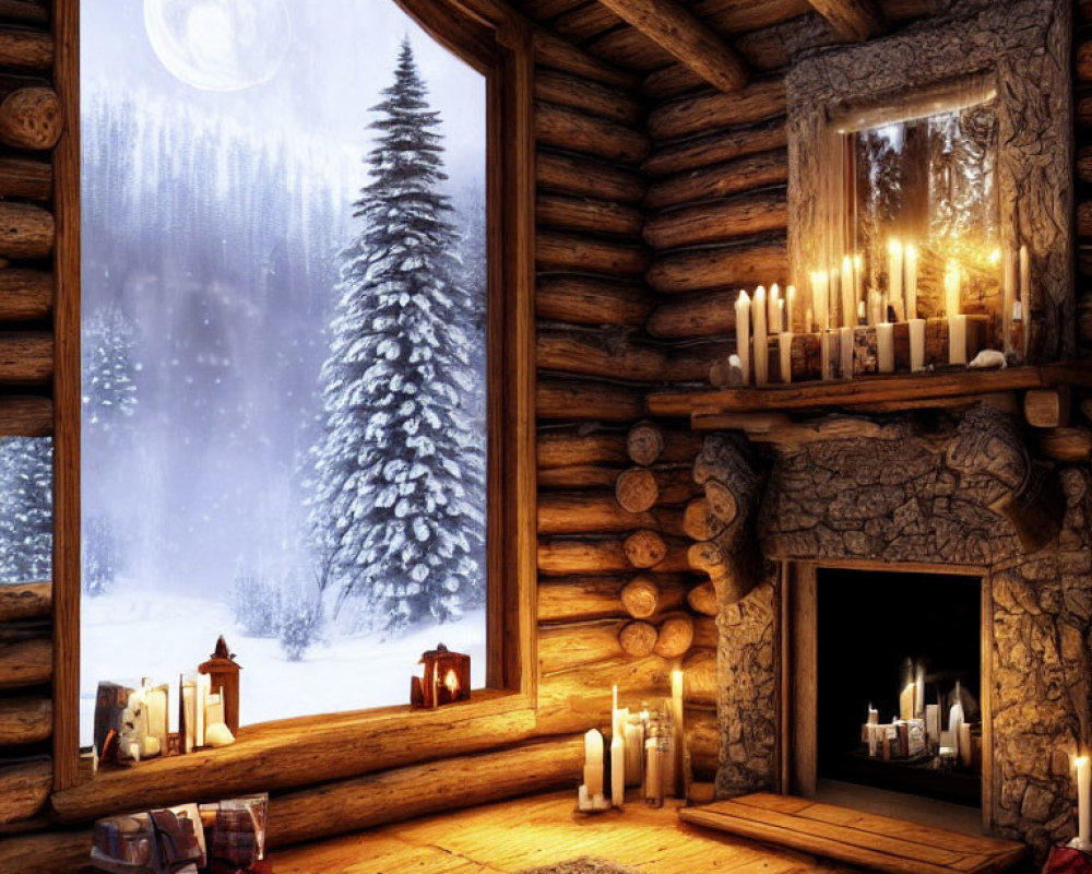 Rustic log cabin interior with fireplace, candles, snowy landscape, and full moon view