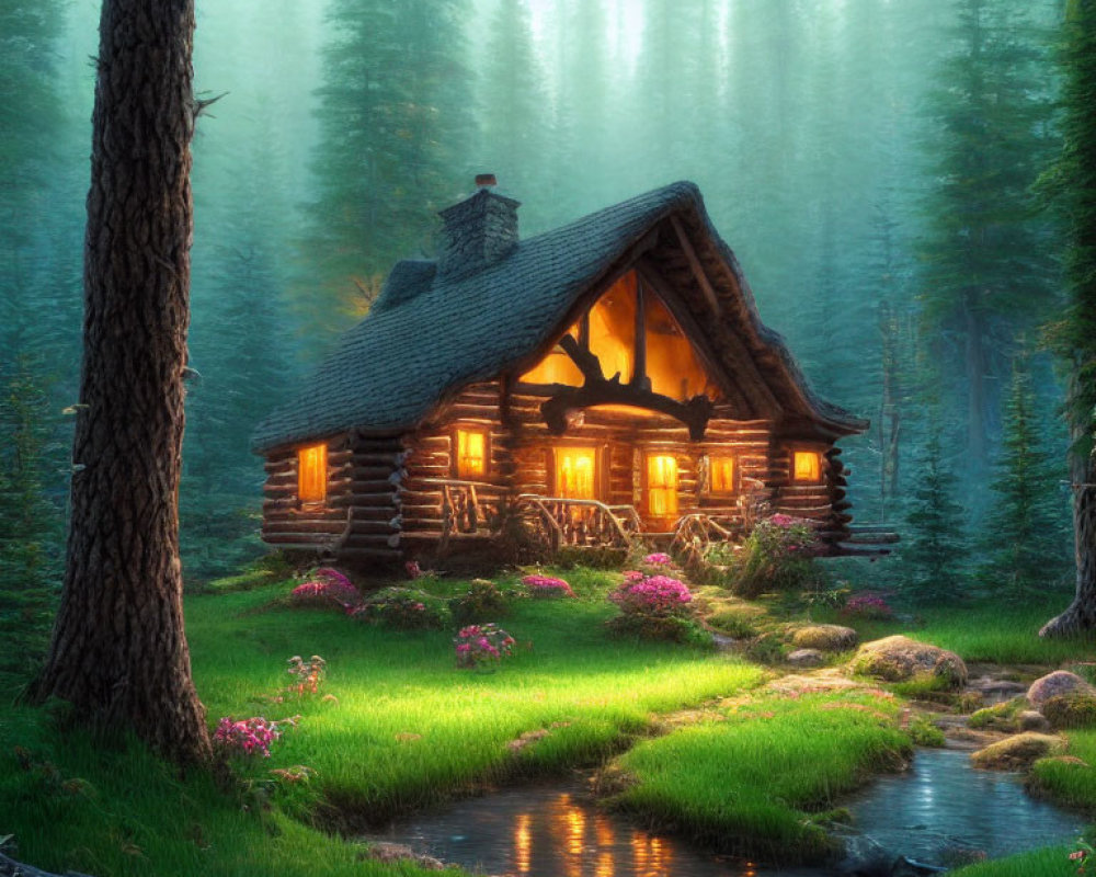 Cozy log cabin in misty forest with stream and pink flowers
