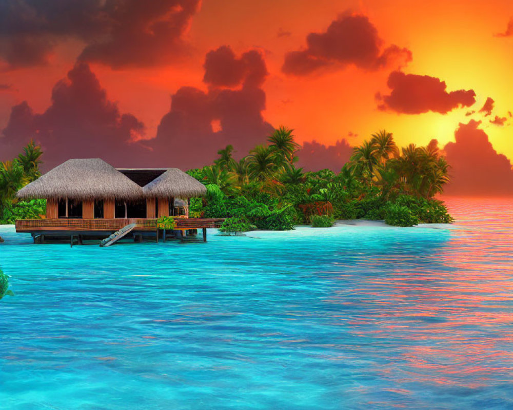 Tropical island overwater bungalows at sunset
