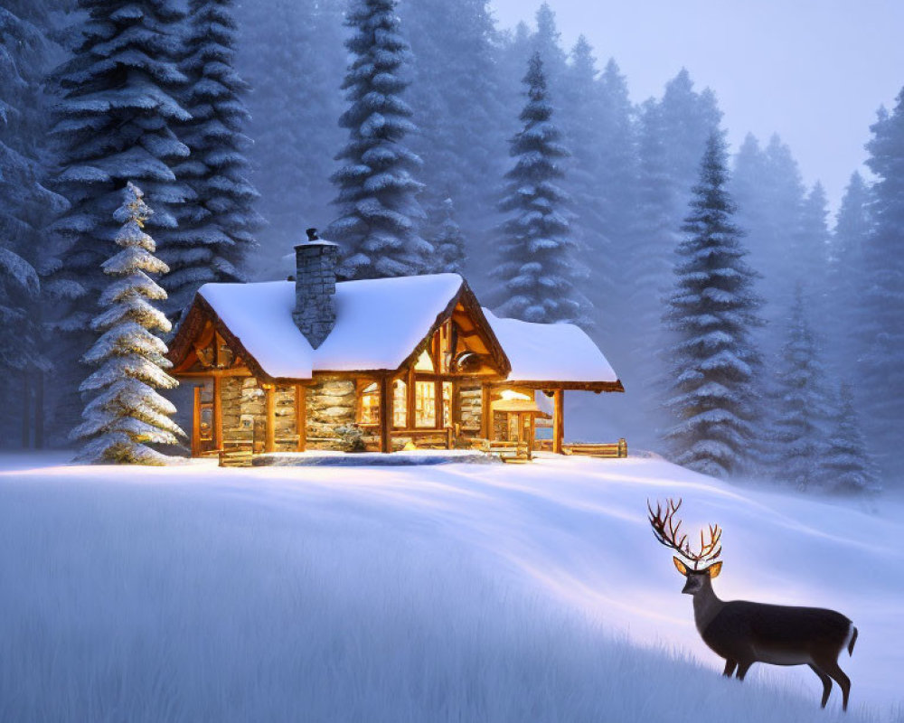 Snow-covered cabin with deer in serene winter landscape