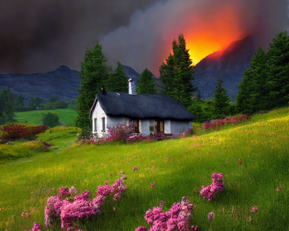 White Cottage with Chimney in Vibrant Landscape with Purple Flowers and Dramatic Sky