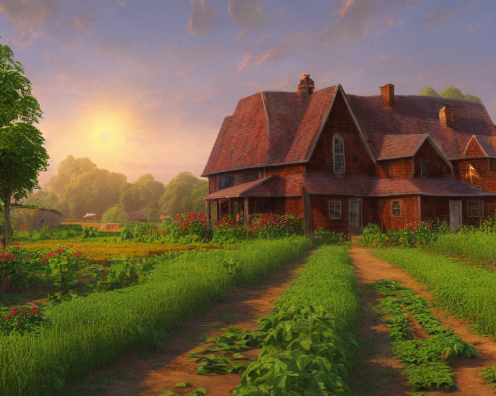 Country House with Red Roof Surrounded by Greenery at Sunrise