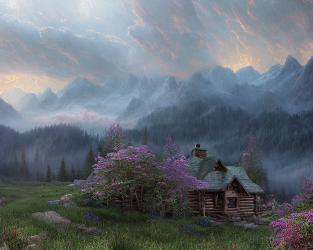 Tranquil landscape with wooden cabin, purple flowers, misty mountains, dramatic sky