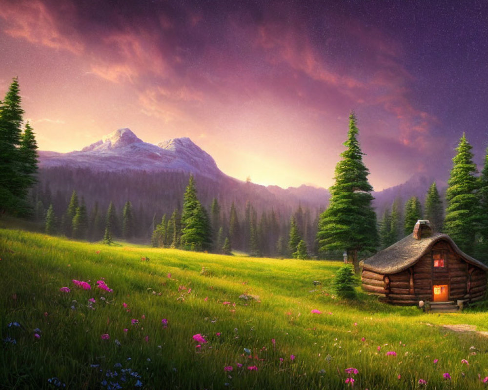 Tranquil Sunset Landscape with Wooden Cabin, Pine Trees, Mountain, and Wildflowers